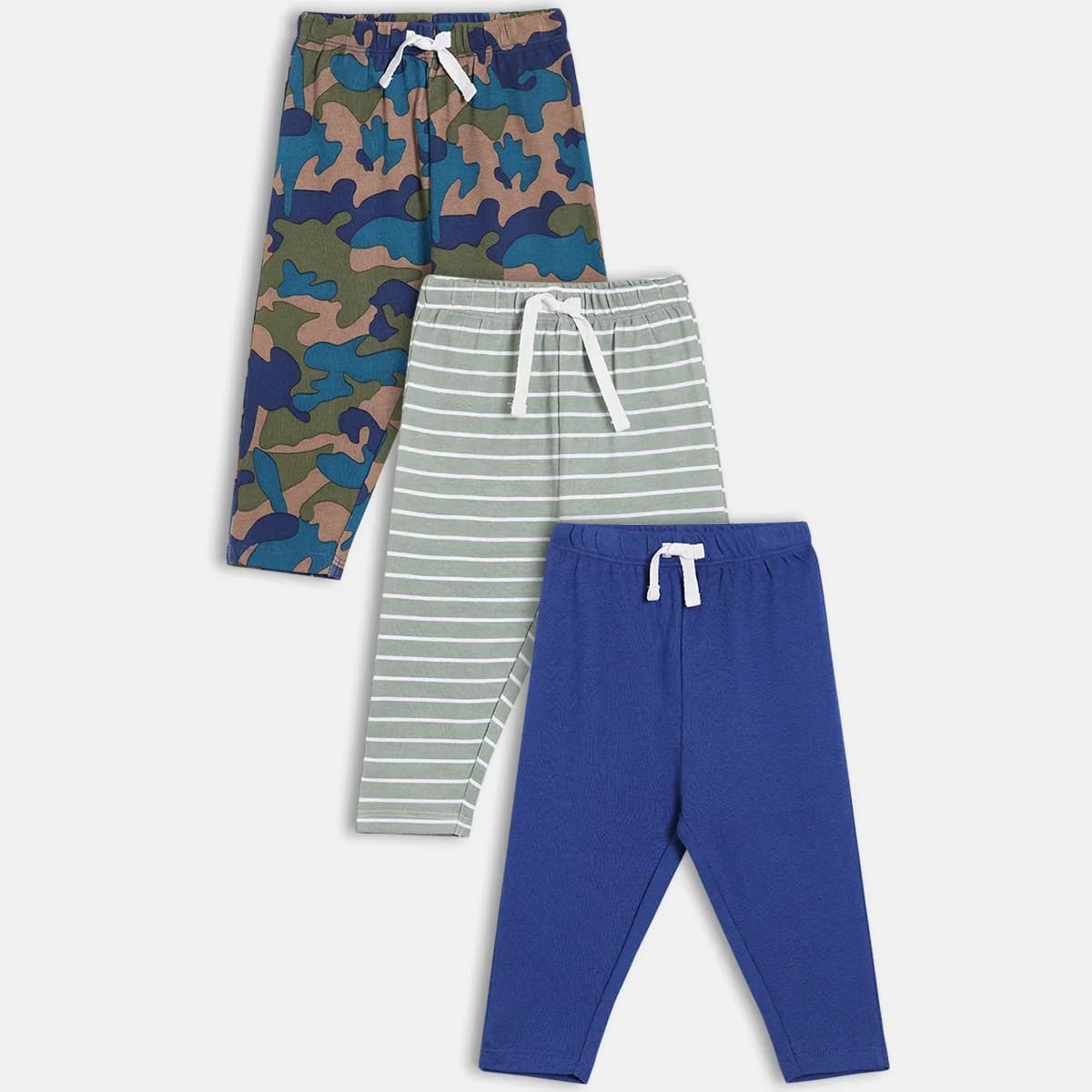 Baby Boys Pack Of 3 Cotton Printed Knit Bottom, Blue & Grey