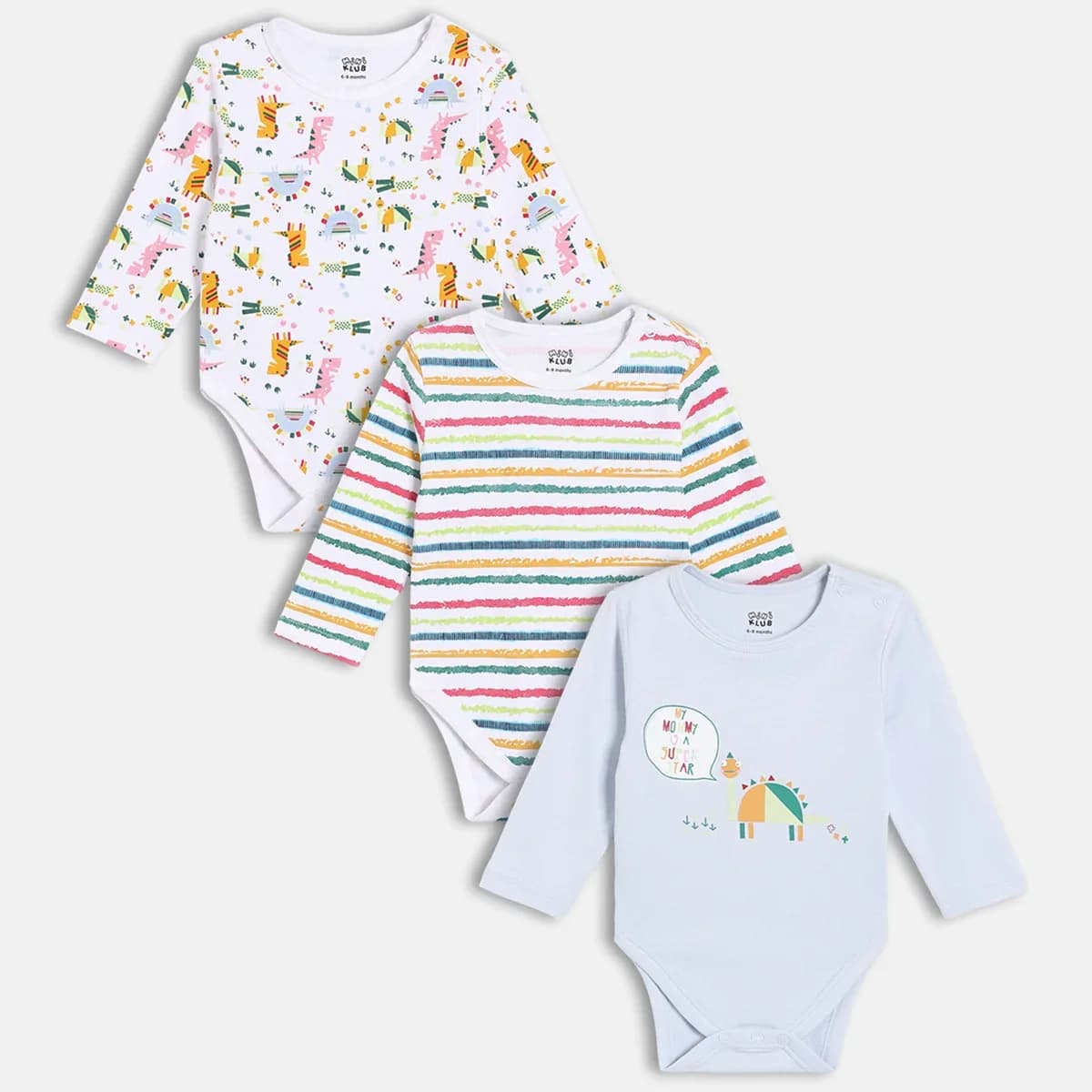 Baby Boys Pack Of 3 Cotton Printed Round Neck Long Sleeve Body Suit - White & Blue