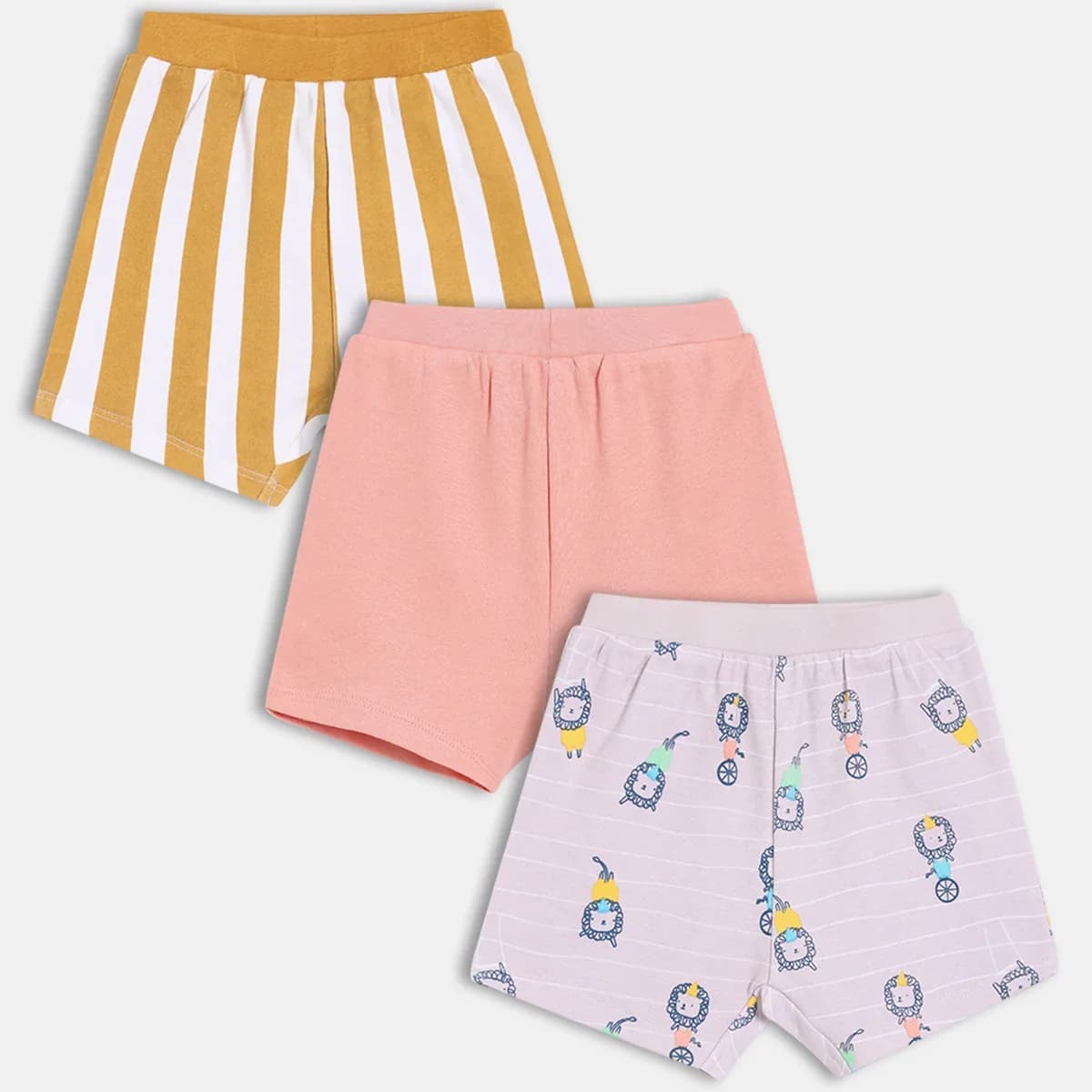 Baby Boys Pack Of 3 cotton printed Shorts - Yellow, peach & Lavender