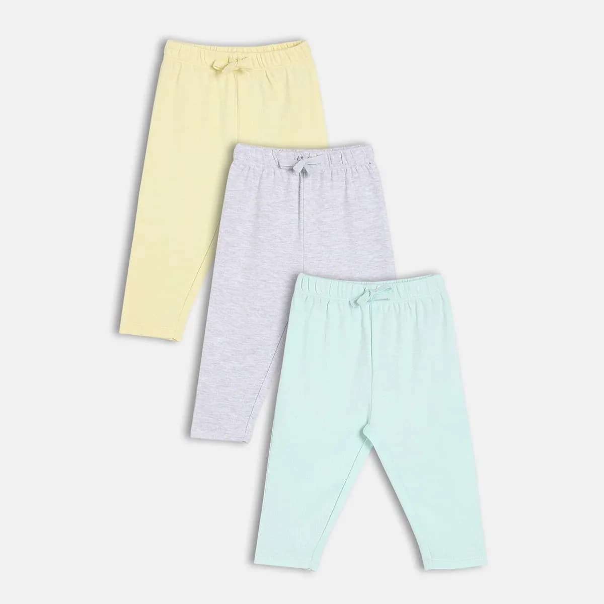 Baby Boys Pack Of 3 Cotton Solid High Raise Full Length Knit Bottom, Yellow, Grey & Blue