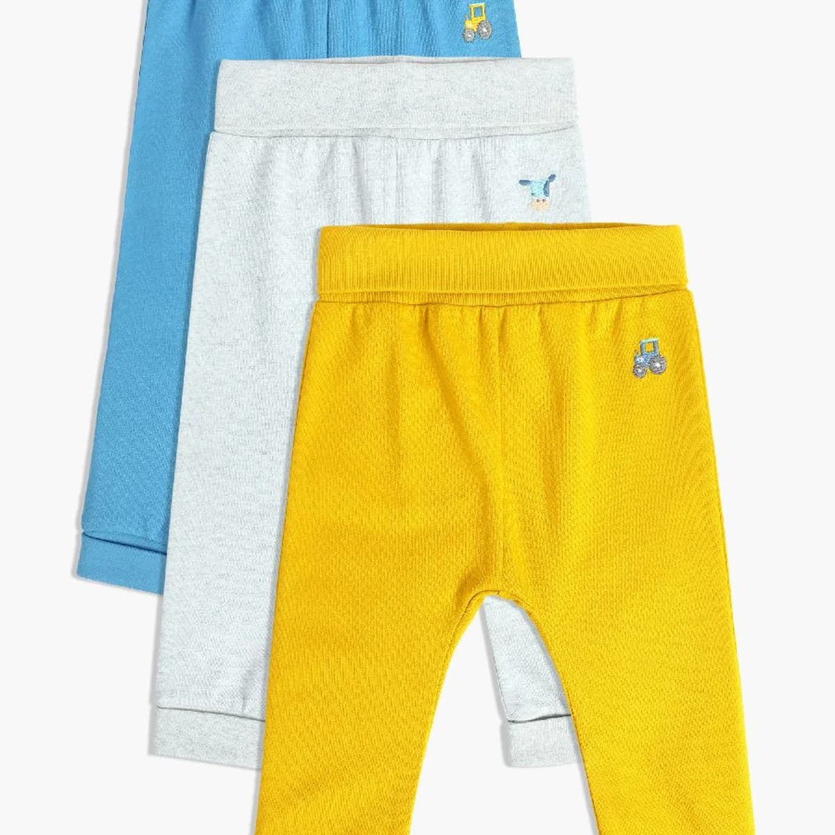 Baby Boys Pack of 3 Embroidered Knit Jogger Bottoms, Yellow, Blue & Grey