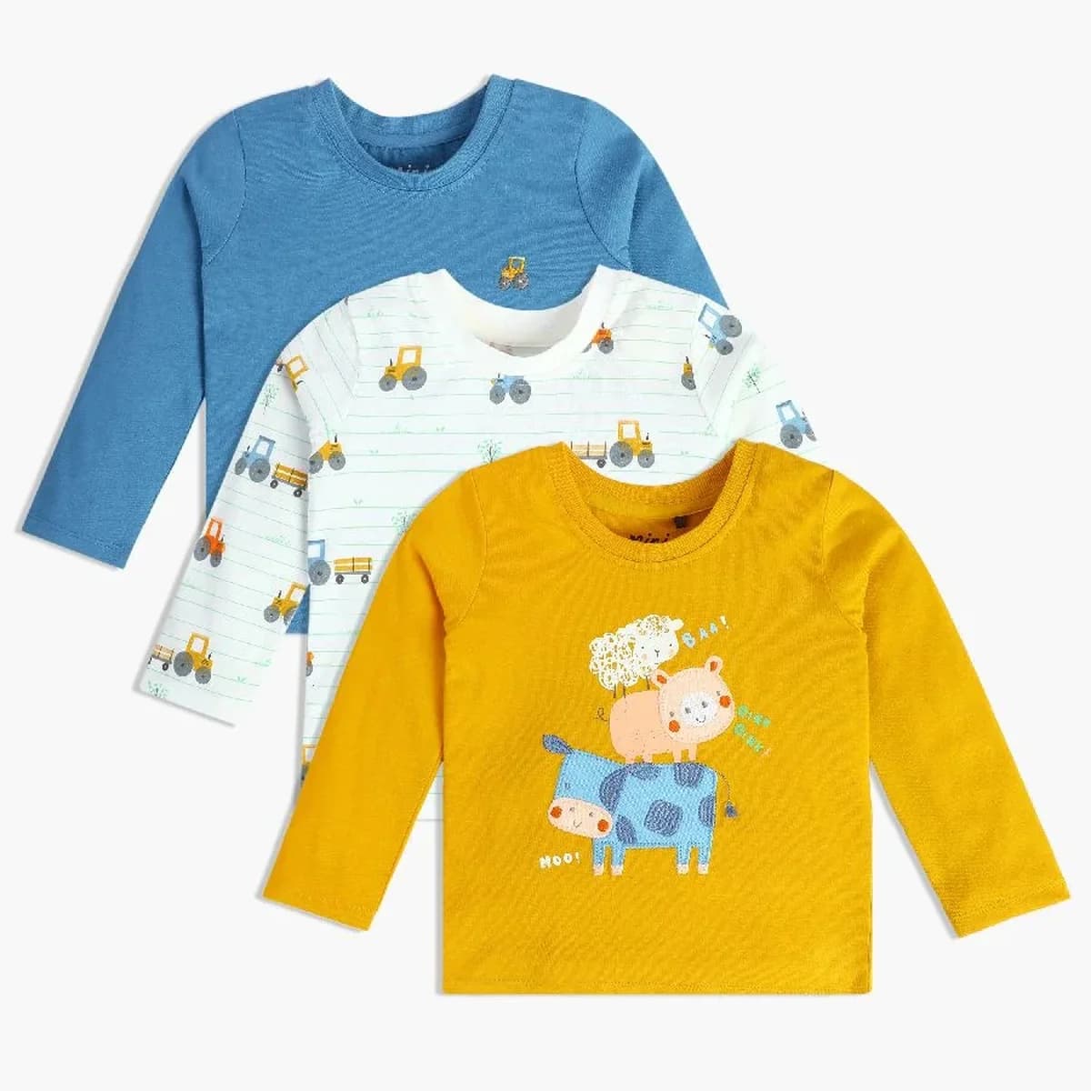 Baby Boys Pack of 3 Farm-Themed Long Sleeve Tops, Blue, White & Yellow