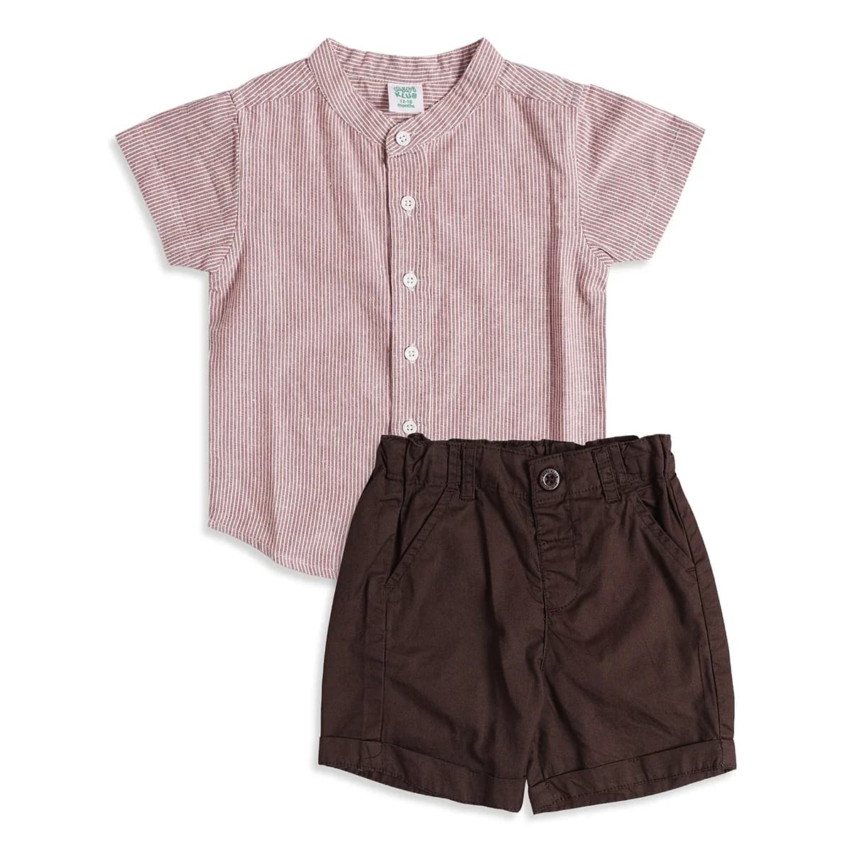 Baby Boys Pink Striped Mandarin Collar Shirt and Brown Shorts Regular Fit Casual Clothing Set