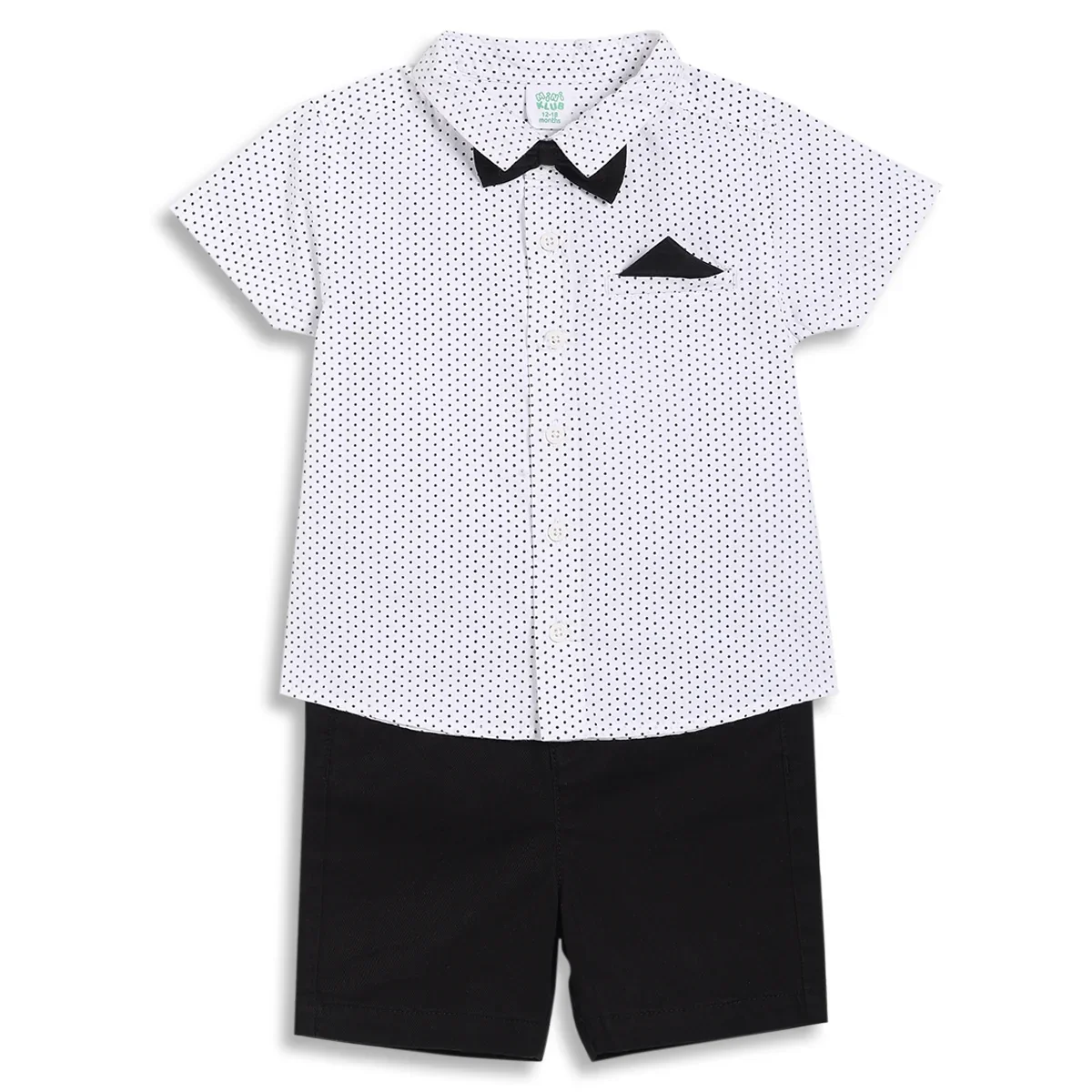 Baby Boys Polka Dot Shirt and Solid Shorts Co-ord Set, White and Black