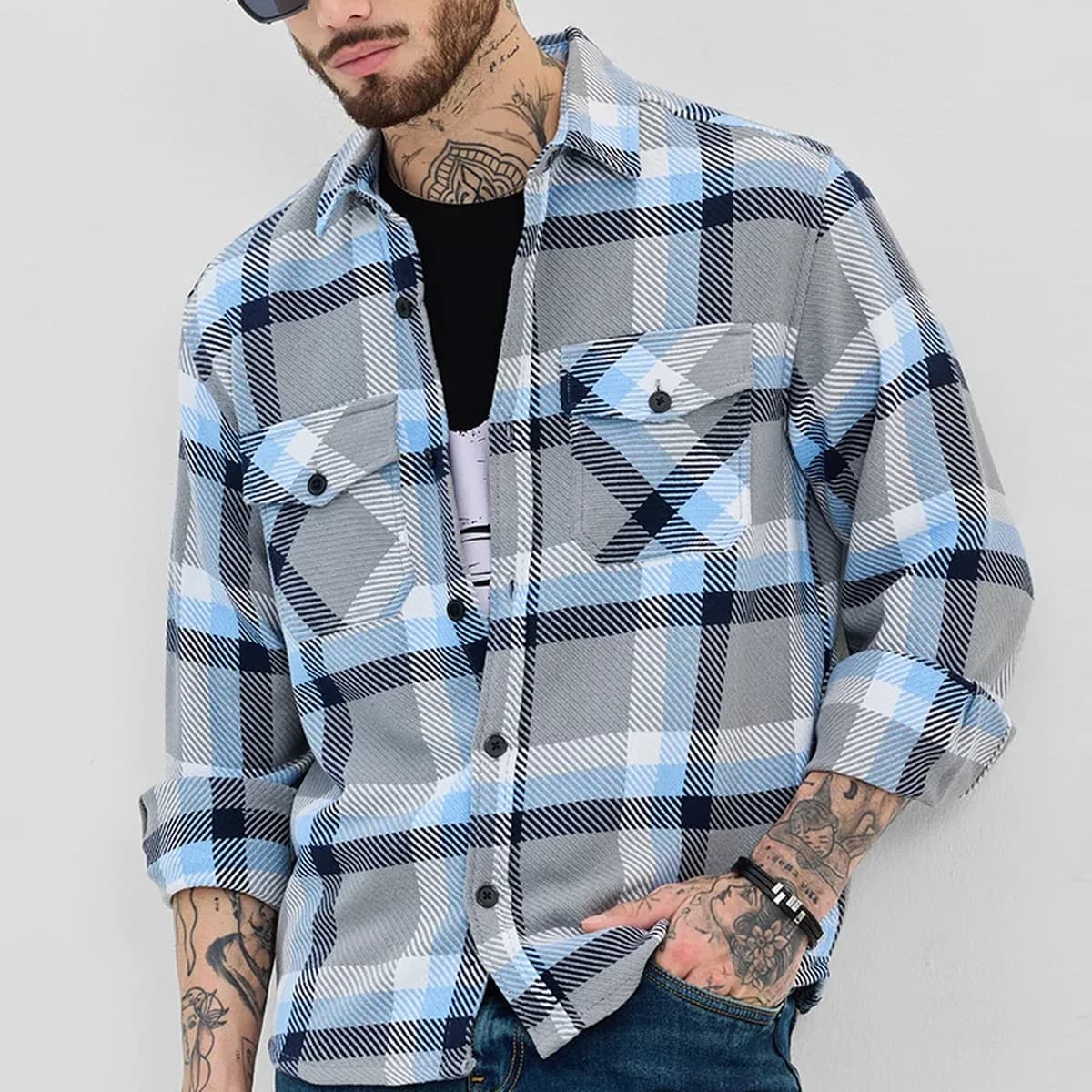 Light Grey Flannel Checks Double Pocket Overshirt