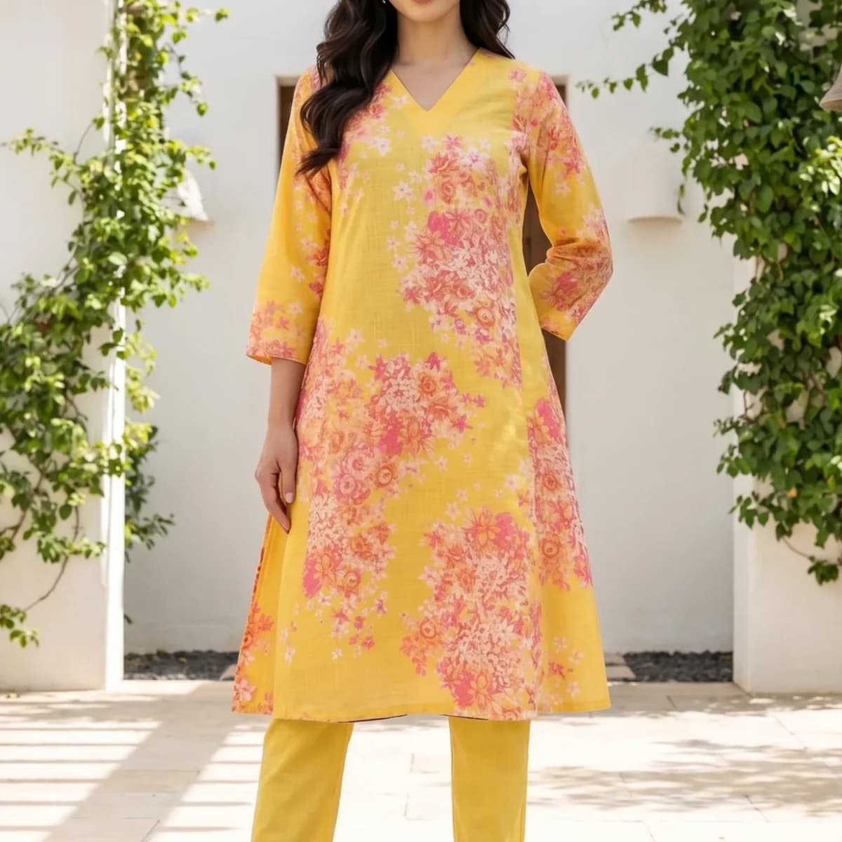 Yellow Floral Printed Pure Cotton A-line Kurta with Trousers Set