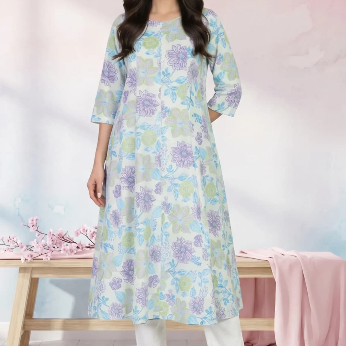 White Floral Printed Pure Cotton Flared Kurta with Trousers Set