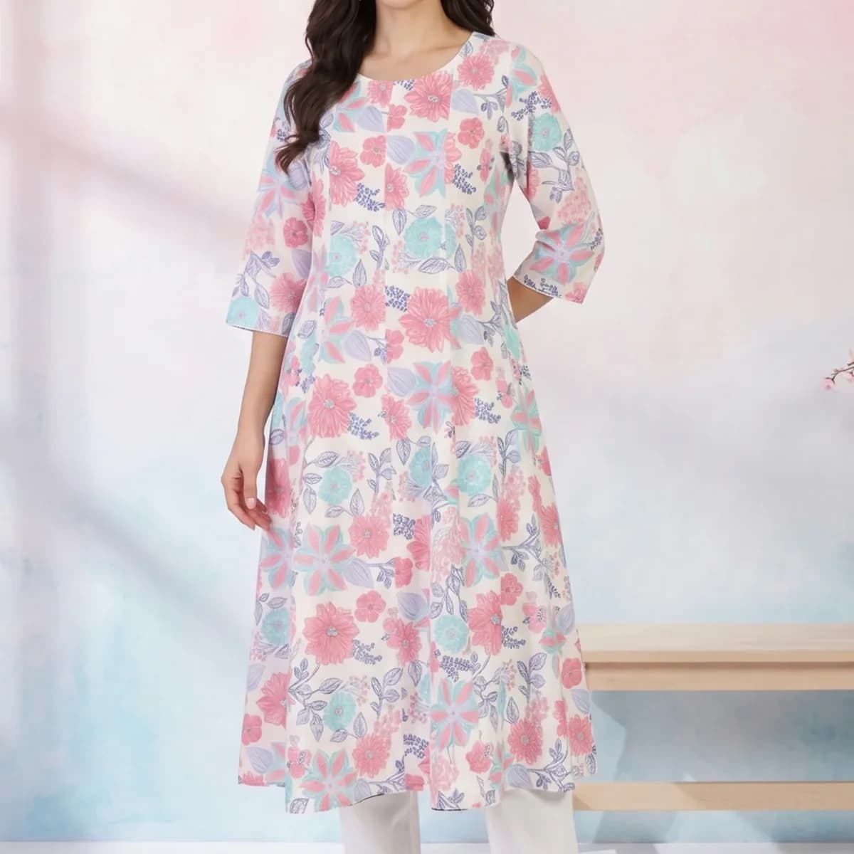 White Floral Printed Pure Cotton Flared Kurta with Trousers Set