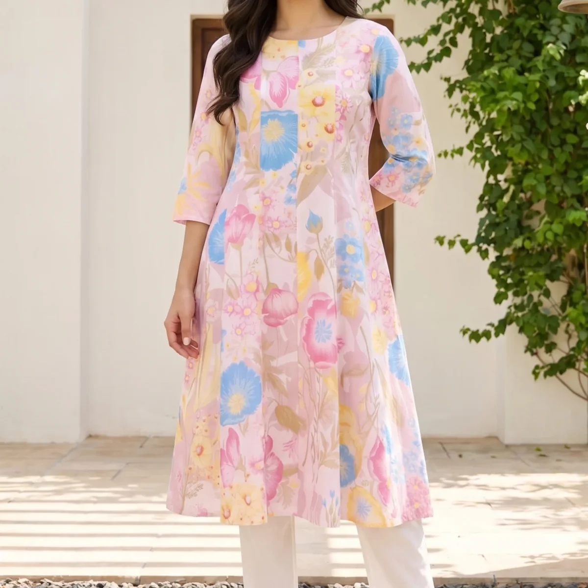 Pink Bold Floral Printed Pure Cotton A-line Kurta with Straight Pants Set