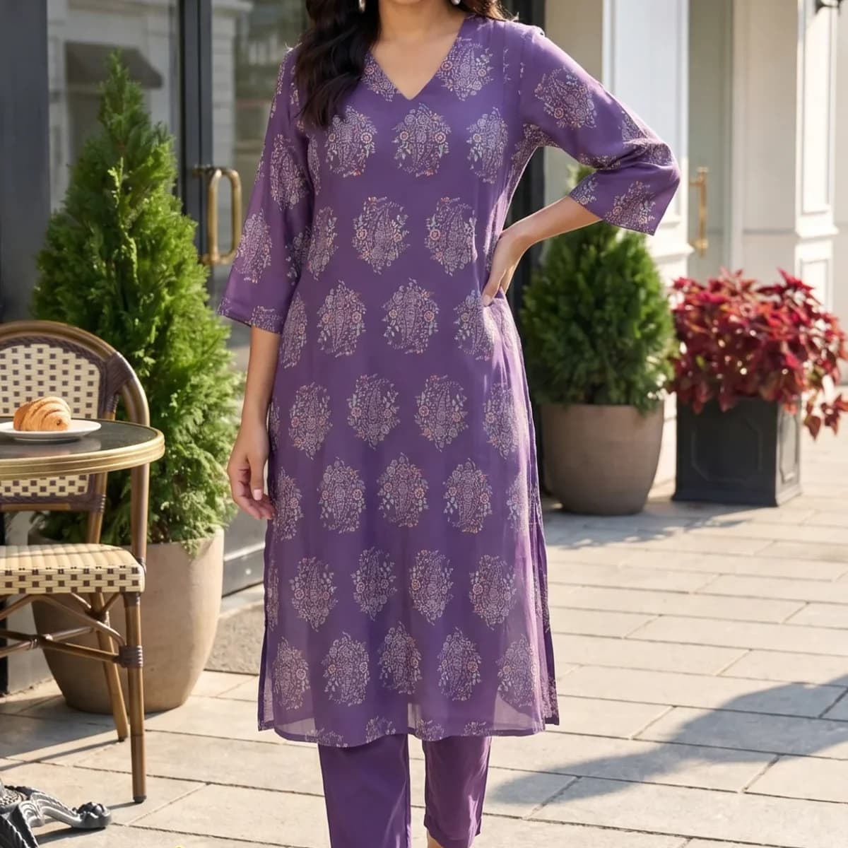 Purple Floral Printed Rayon A-line Kurta with Pants Co-ord Set