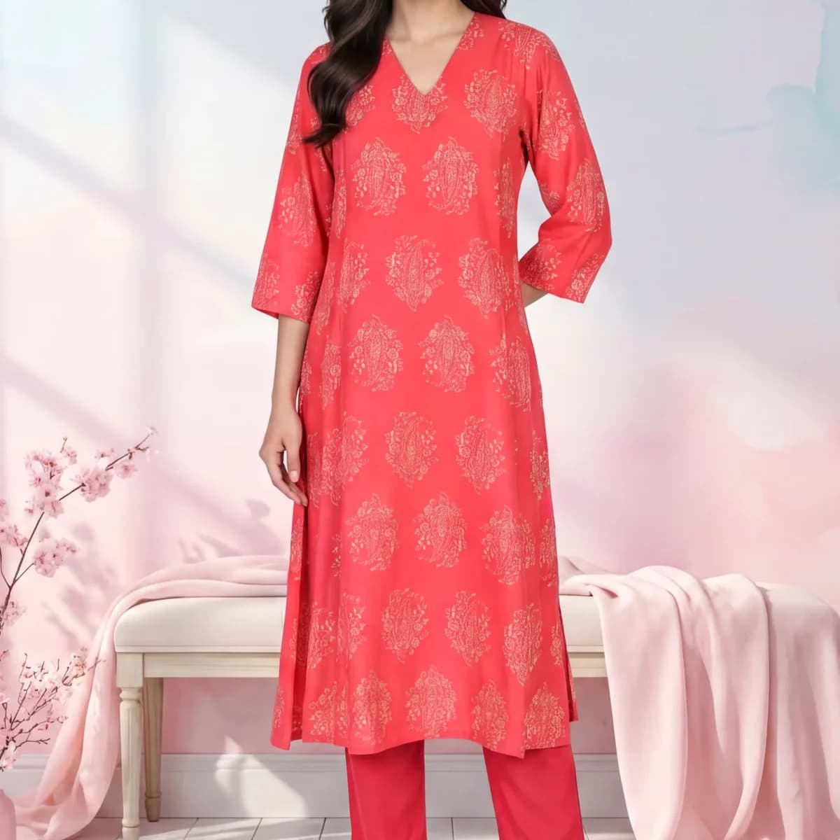 Red Floral Printed Flared Kurta with Pants Set
