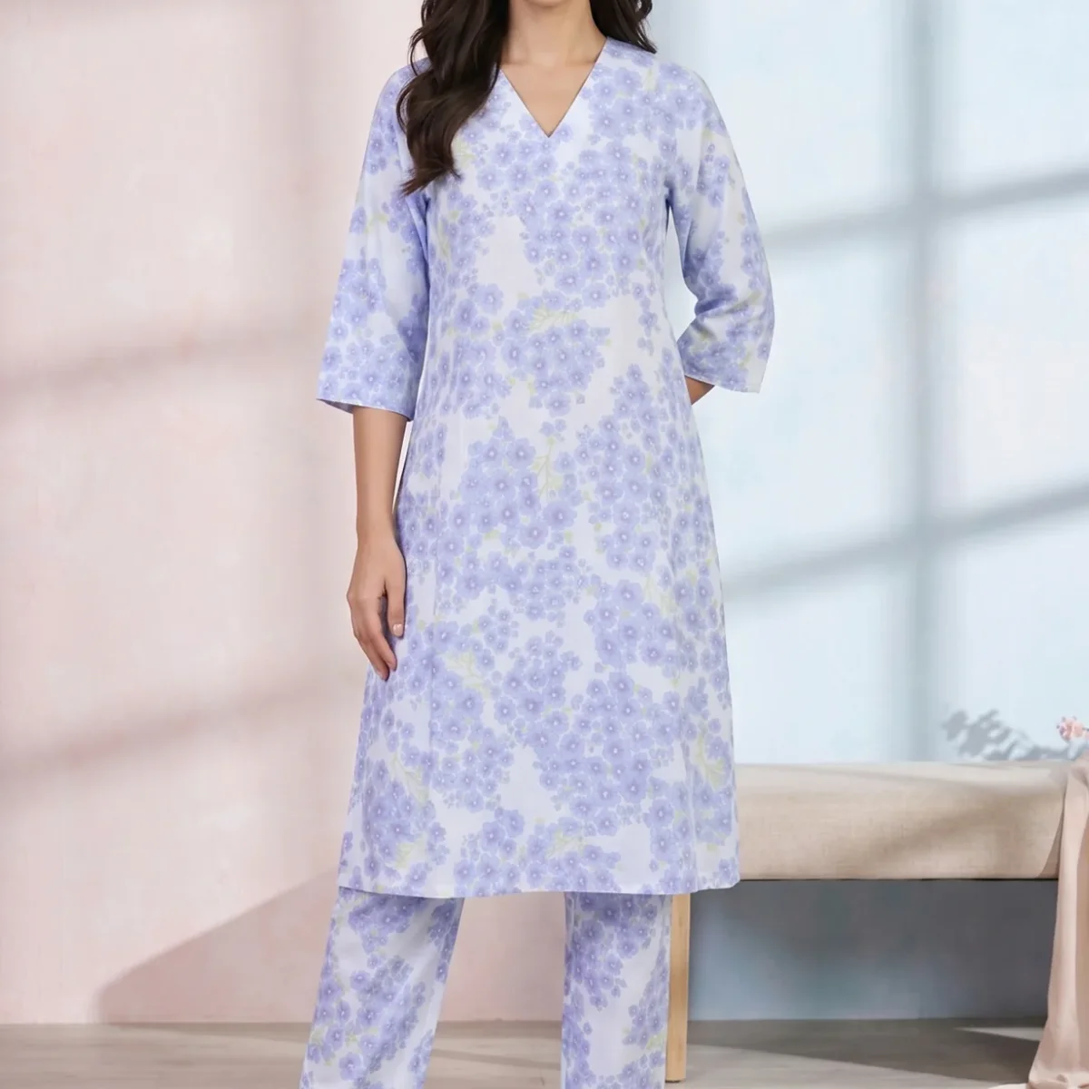 White Floral Printed Pure Cotton A-line Kurta with Pants Co-ord Set