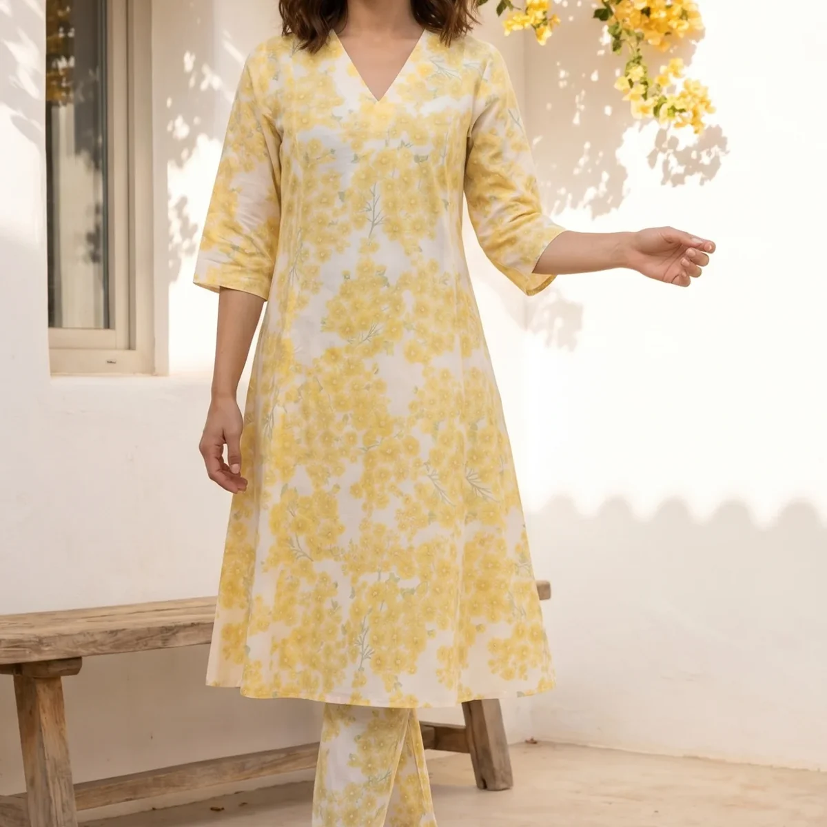 Off-White and Yellow Floral Printed Pure Cotton A-line Kurta with Pants Co-ord Set