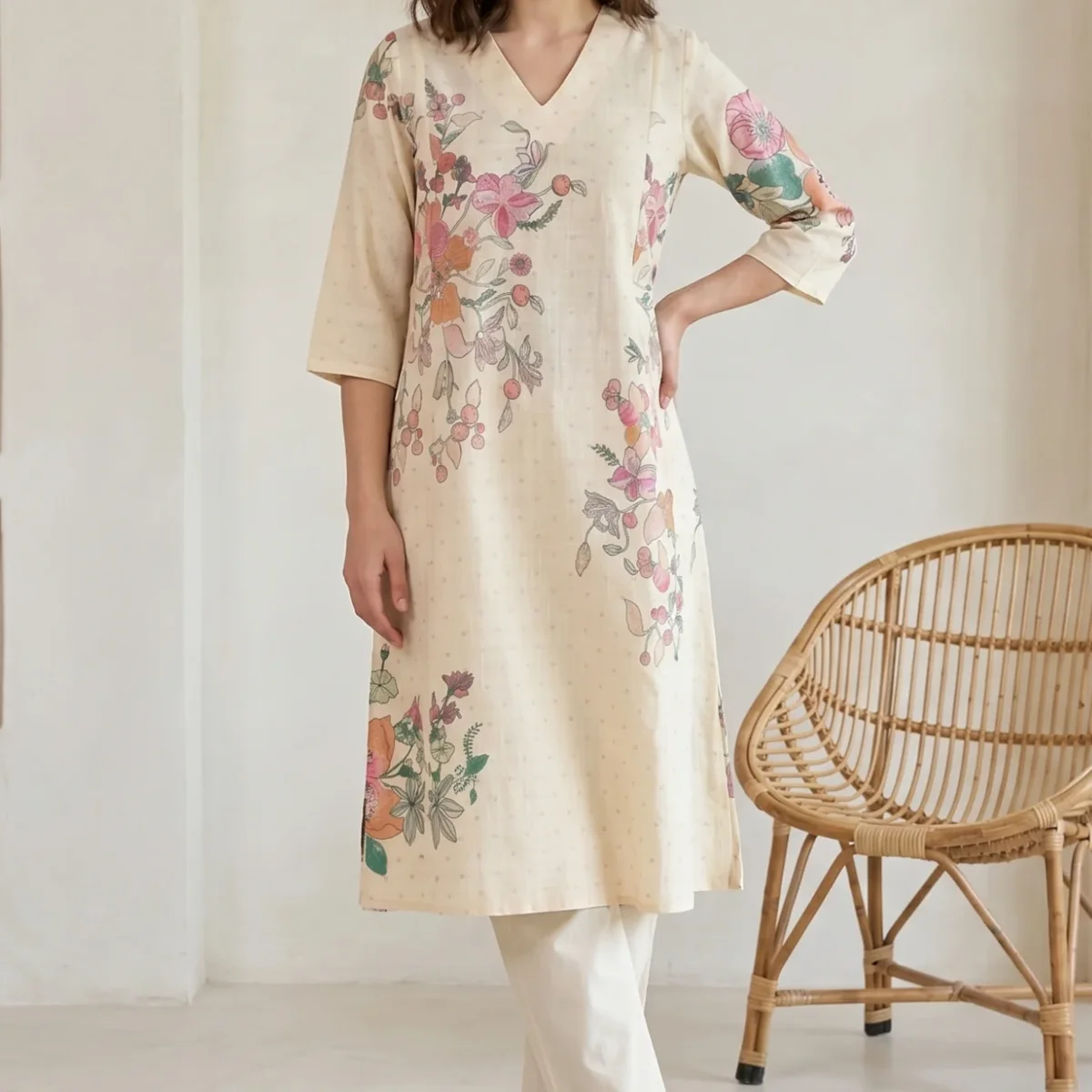 Beige Floral Printed Pure Cotton A-line Kurta with Pants Co-ord Set
