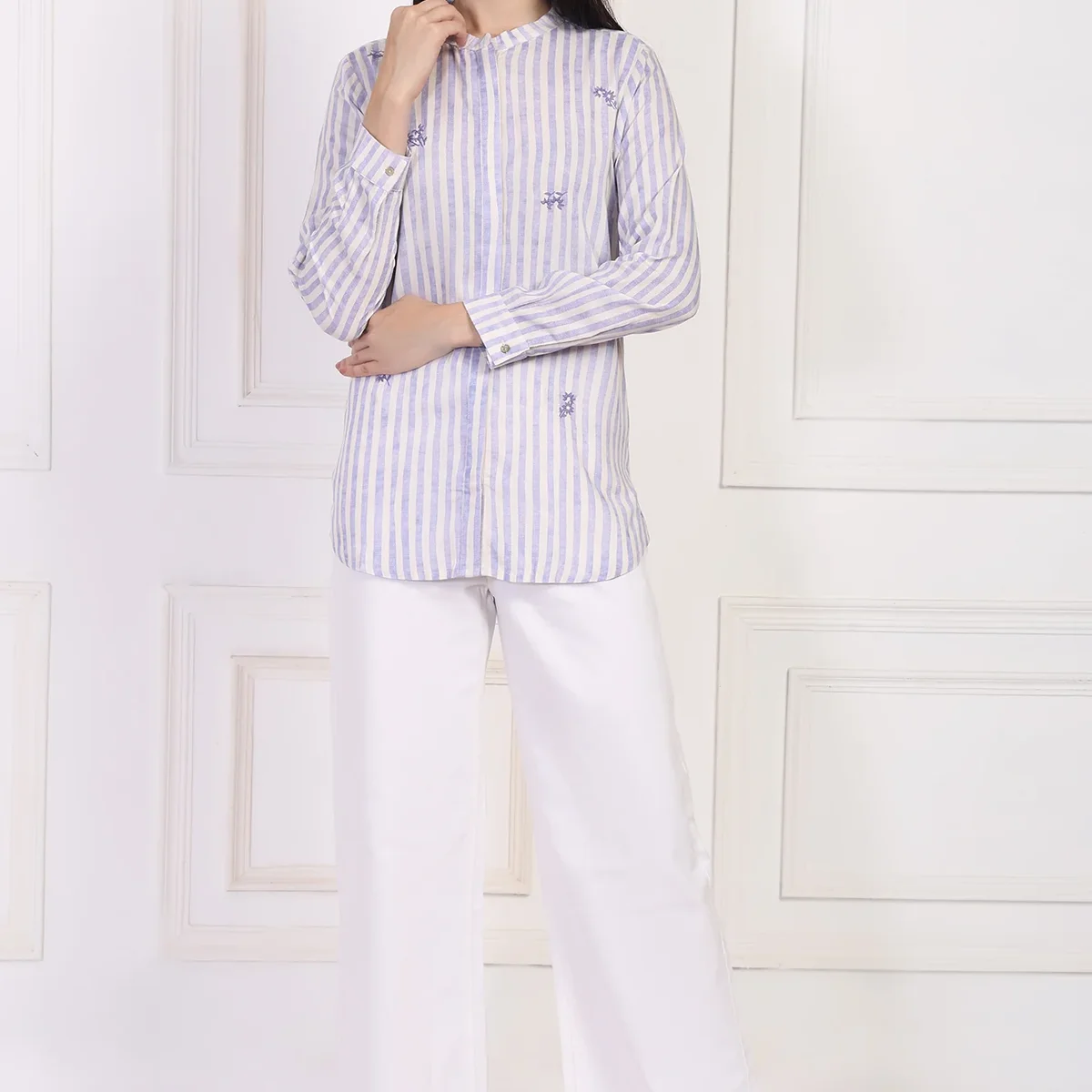 White Striped Printed Thread Embroidered Straight Top
