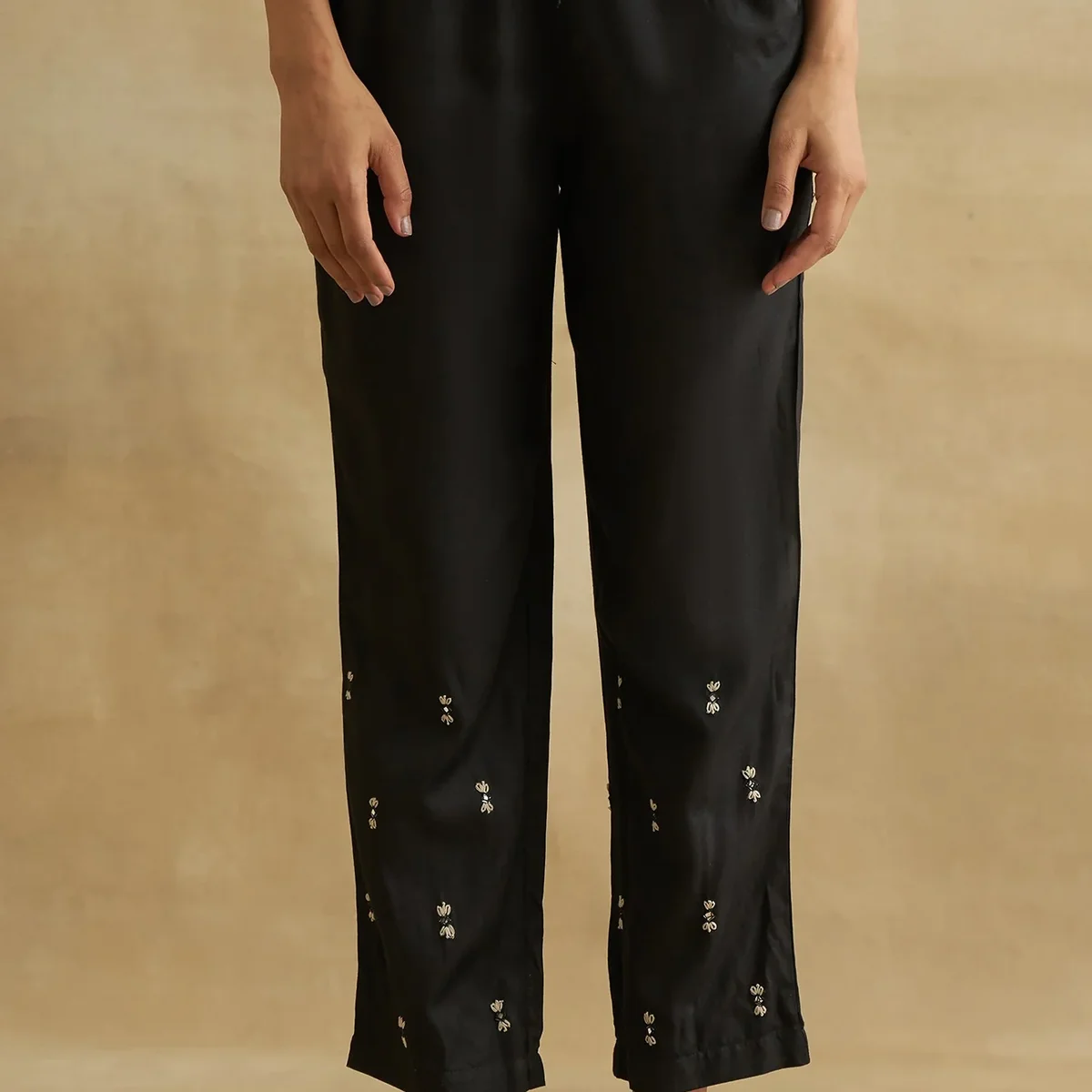 Black Thread Embroidered Silk Tussar Straight Pants