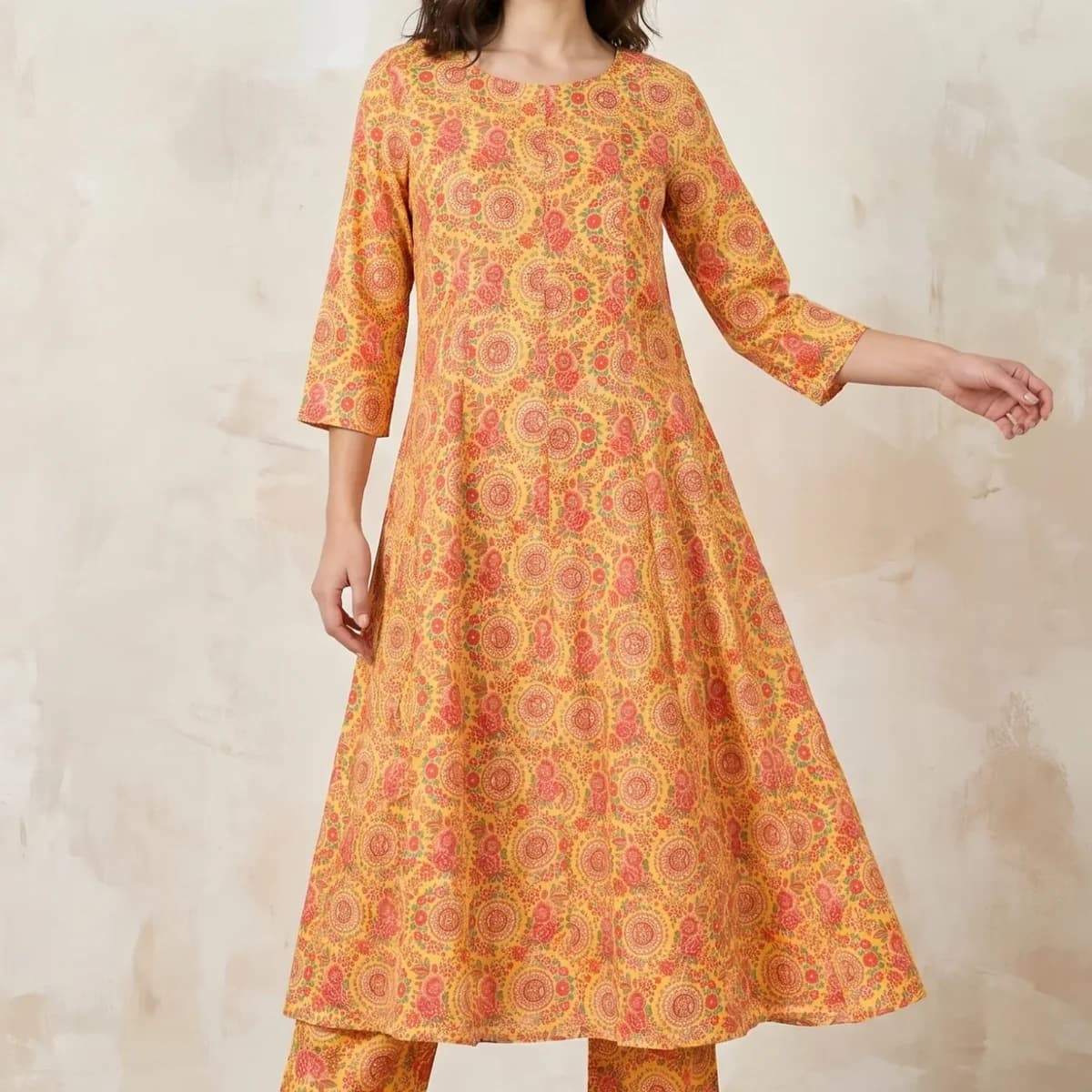 Yellow Floral Printed Rayon Flared Kurta With Pants Co-ord Set