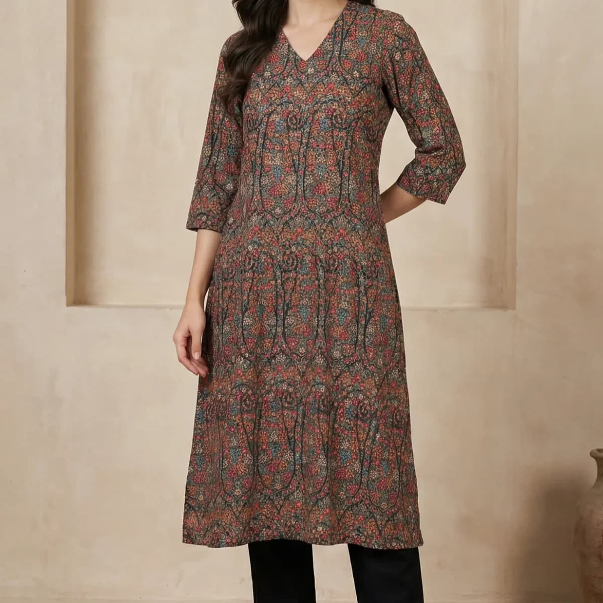 Black Floral Printed A-line Kurta with Pants Set