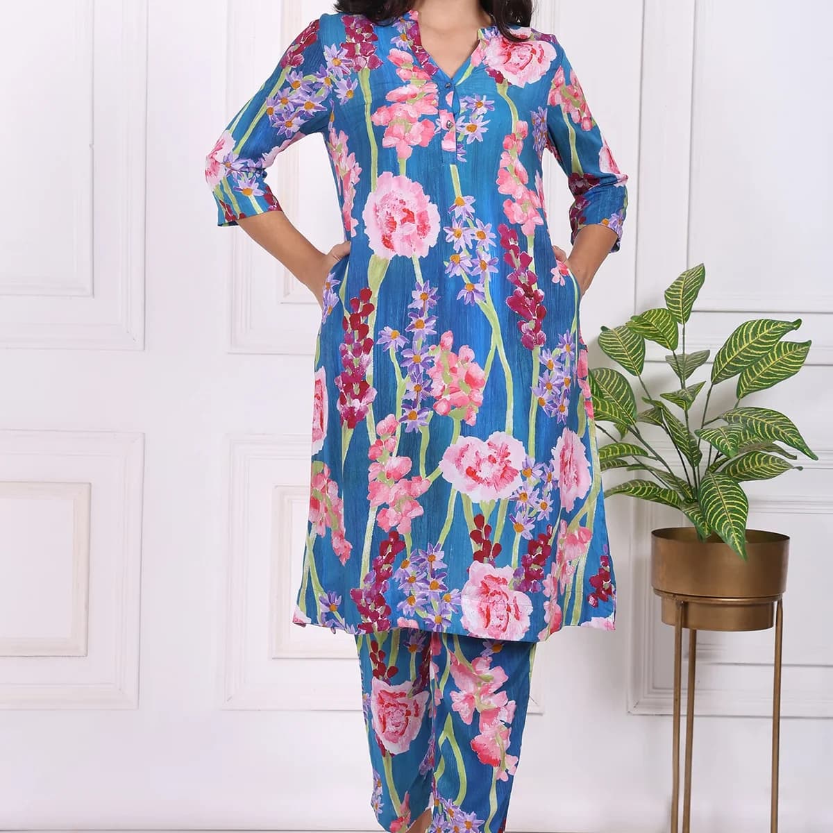 Blue Floral Printed Modal Ankle Length Straight Pants