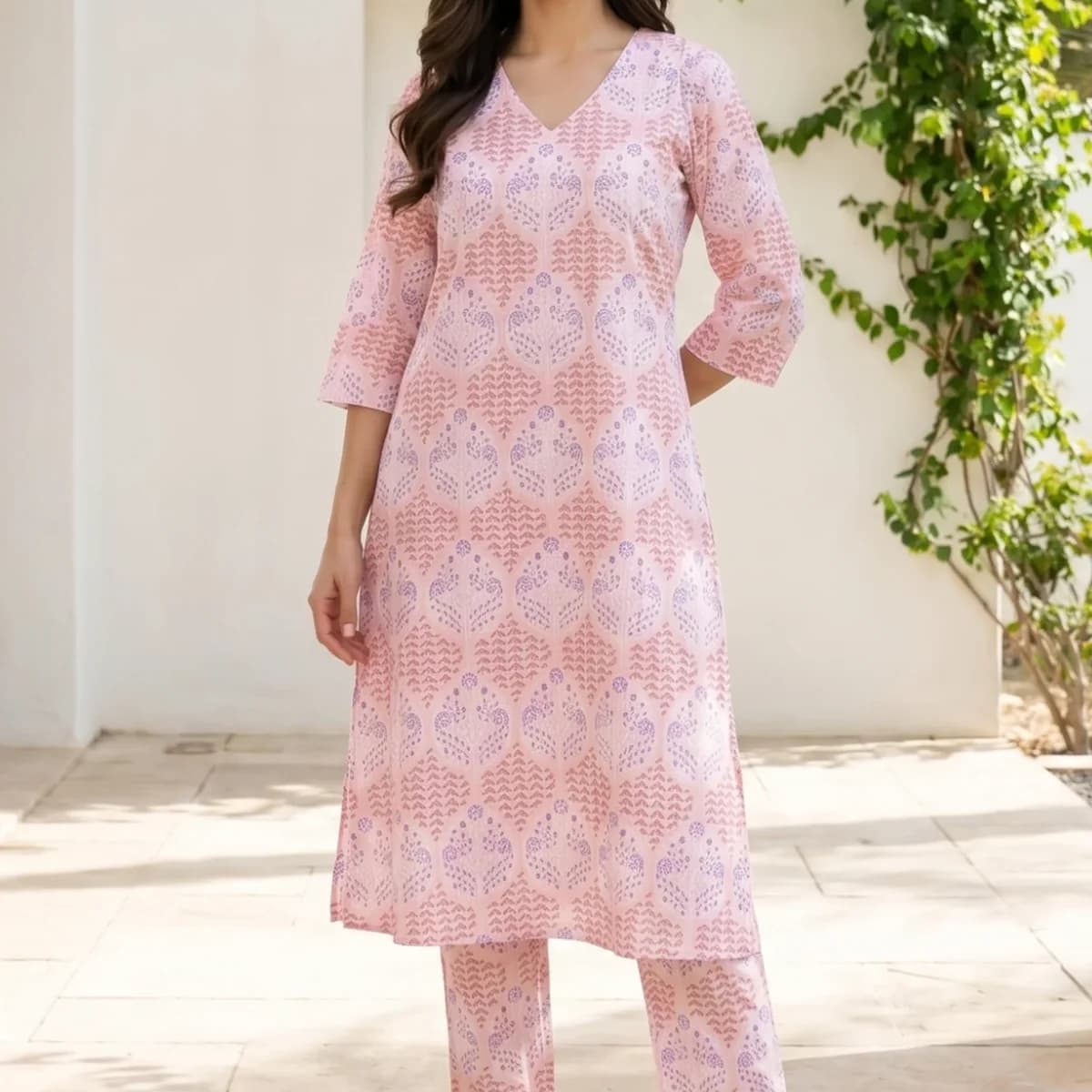 Pink Floral Printed Pure Cotton A-line Kurta with Pants Co-ord Set