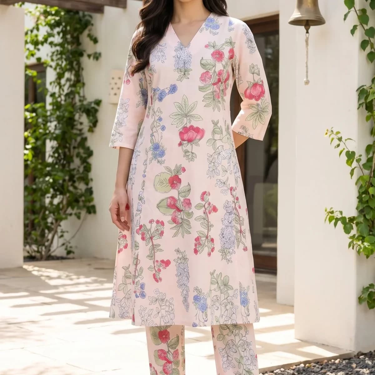 Peach Floral Printed Pure Cotton A-line Kurta with Pants Co-ord Set