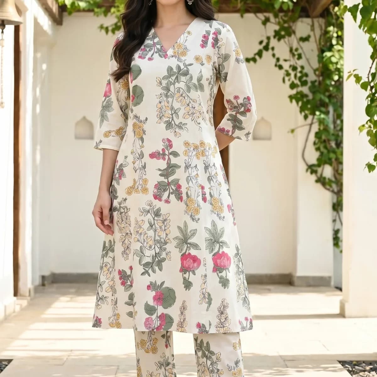 Off White Floral Printed Pure Cotton A-line Kurta with Pants Co-ord Set
