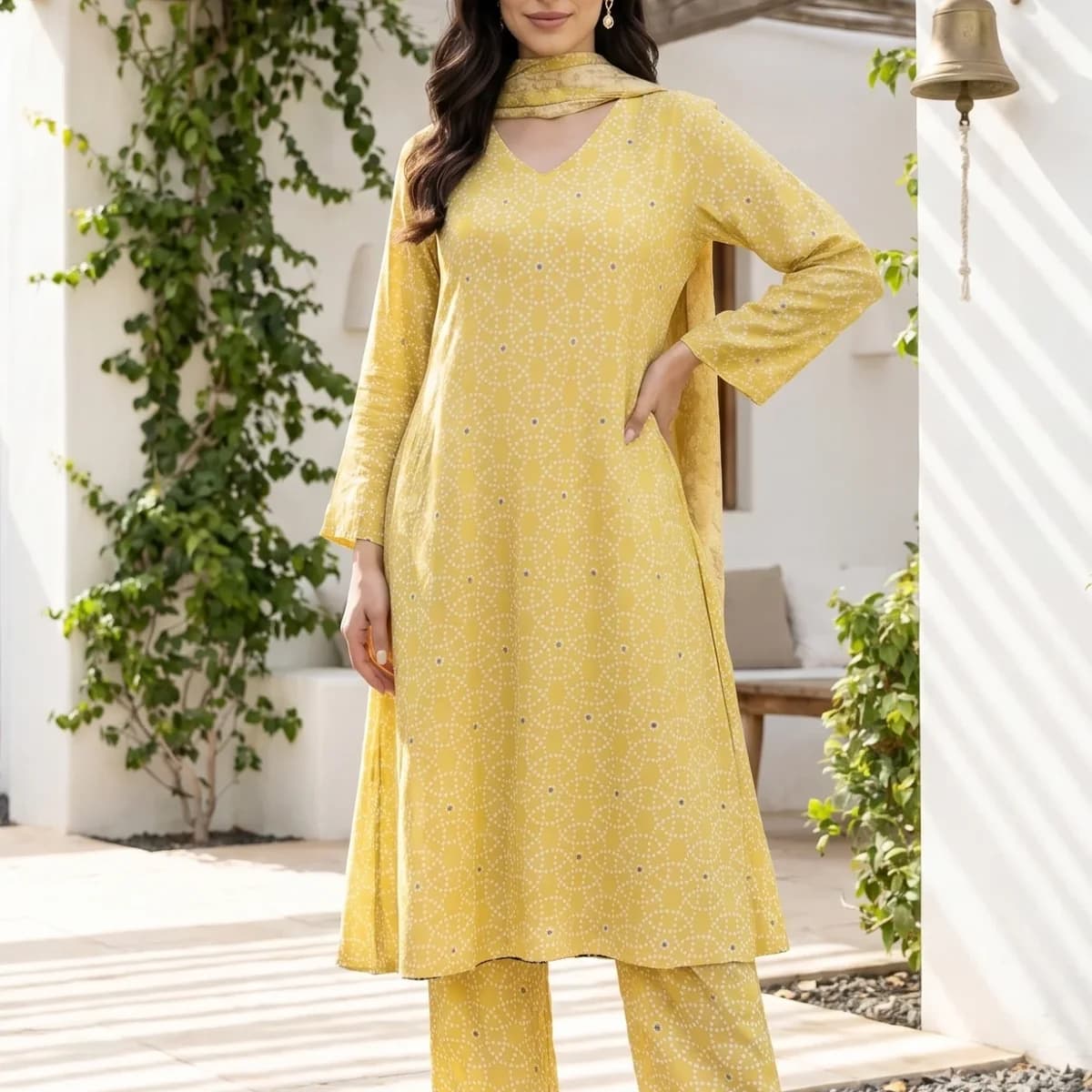 Mustard Geometric Printed Rayon Straight Kurta With Pants and Dupatta Set