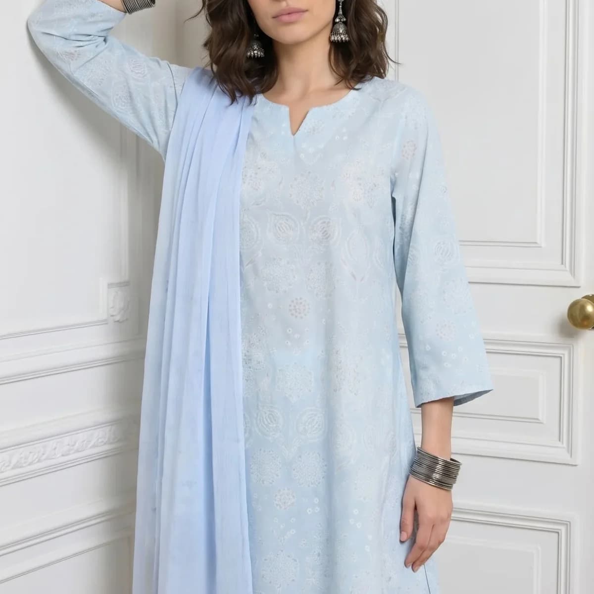 Blue Floral Printed Pure Cotton Straight Kurta With Pants and Dupatta Set