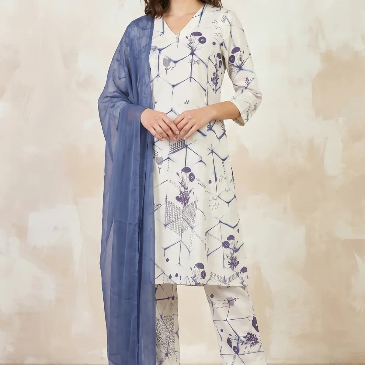Off White Geometric Printed Pure Cotton Straight Kurta With Pants and Dupatta Set