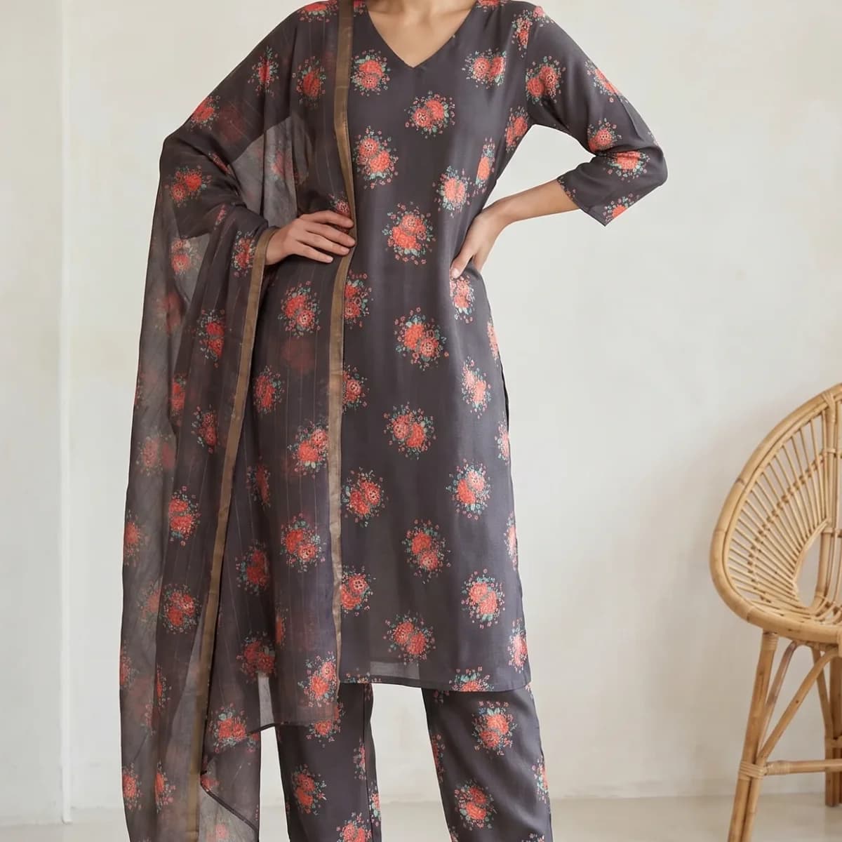Charcoal Floral Printed Rayon Straight Kurta With Pants and Dupatta Set
