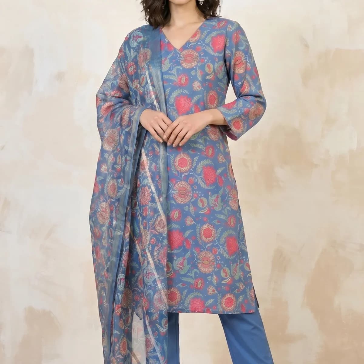 Blue Floral Printed Rayon Straight Kurta With Pants and Dupatta Set