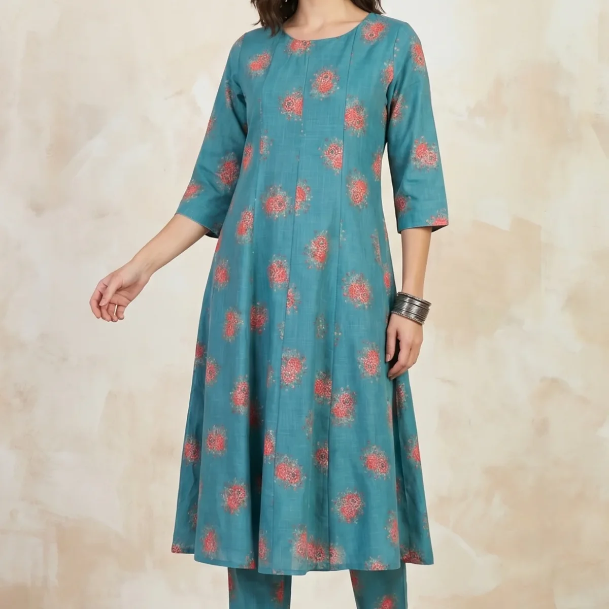 Teal Floral Printed A-line Kurta with Pants Co-ord Set