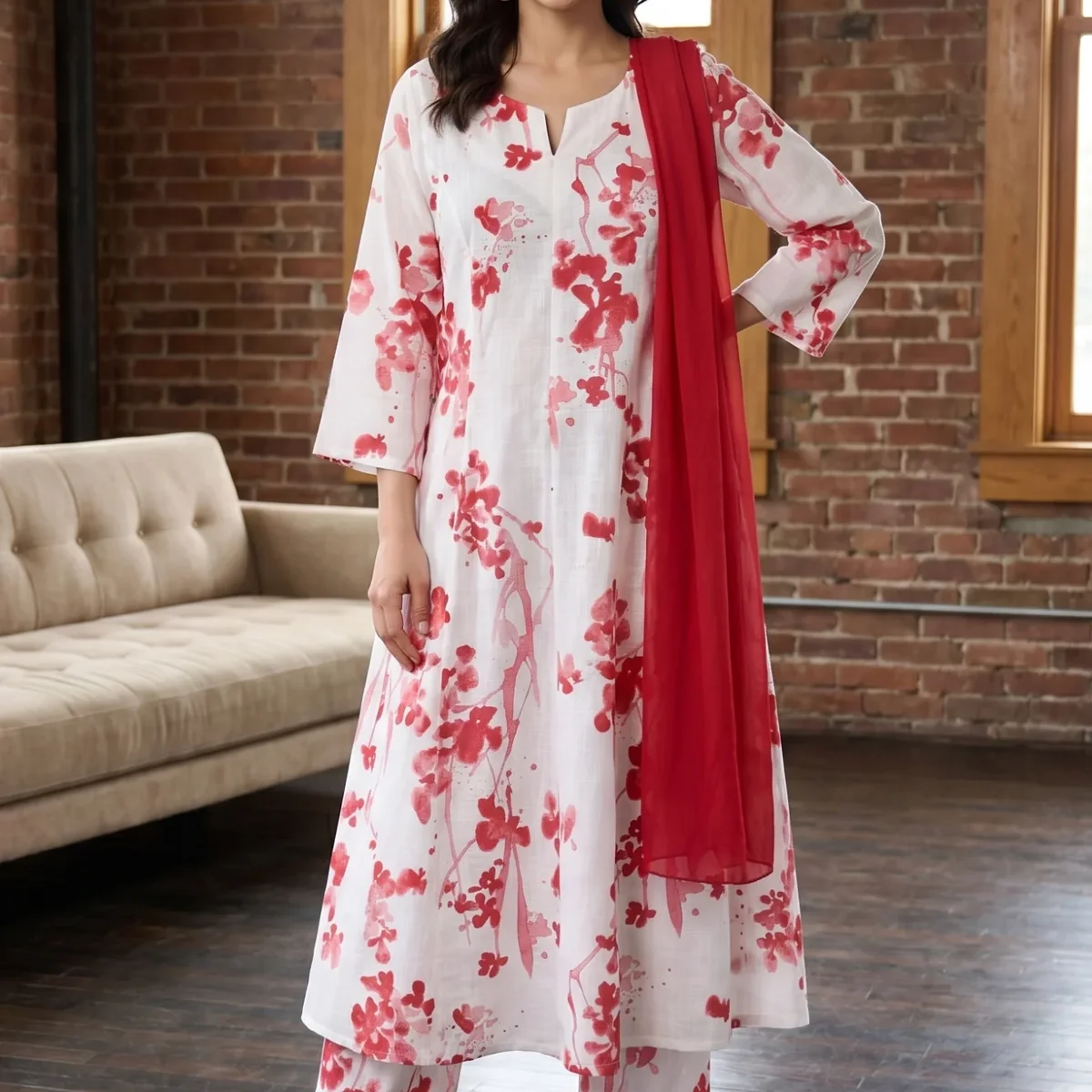 White Floral Printed Pure Cotton Straight Kurta With Pants and Dupatta Set