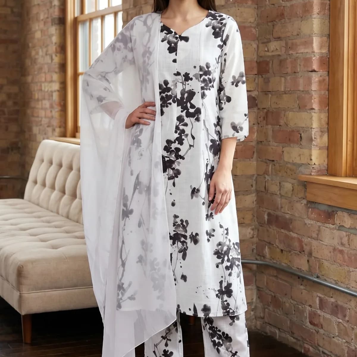 White Floral Printed Pure Cotton Straight Kurta With Pants and Dupatta Set