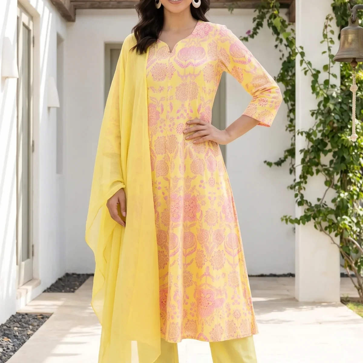 Yellow Floral Printed Pure Cotton Flared Kurta With Pants and Dupatta Set