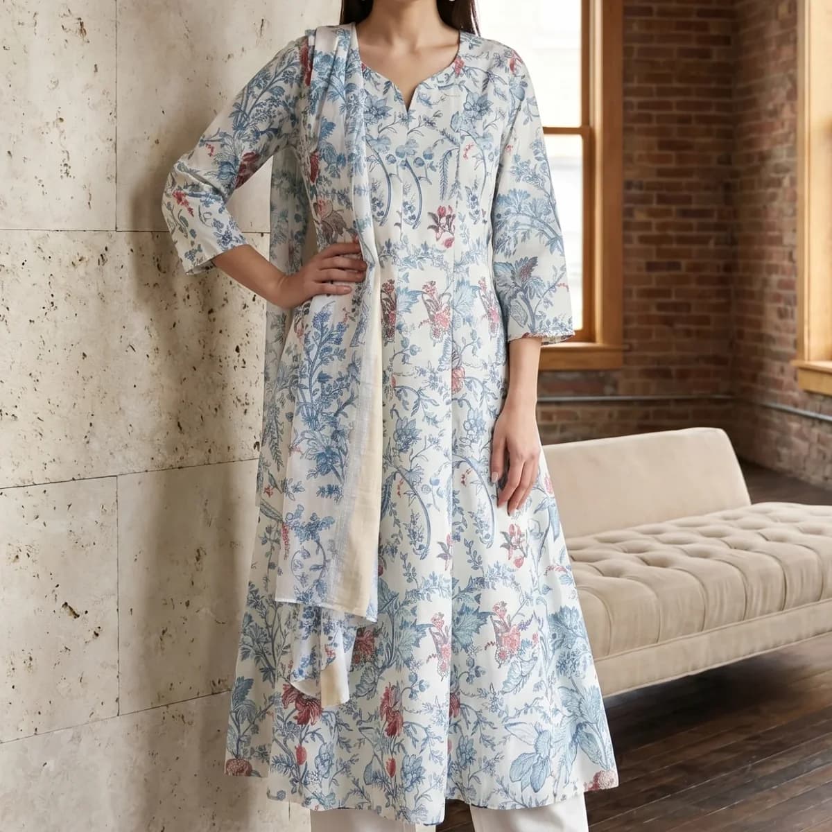 Off White Floral Printed Pure Cotton Straight Kurta With Pants and Dupatta Set