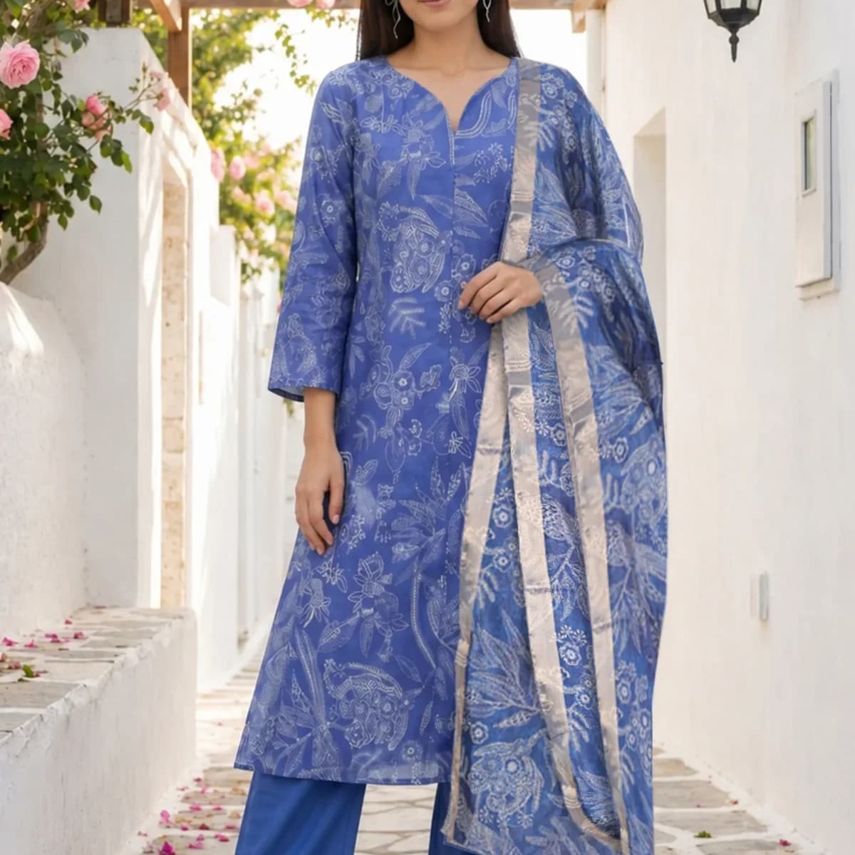 Blue Floral Printed Pure Cotton Straight Kurta With Pants and Dupatta Set