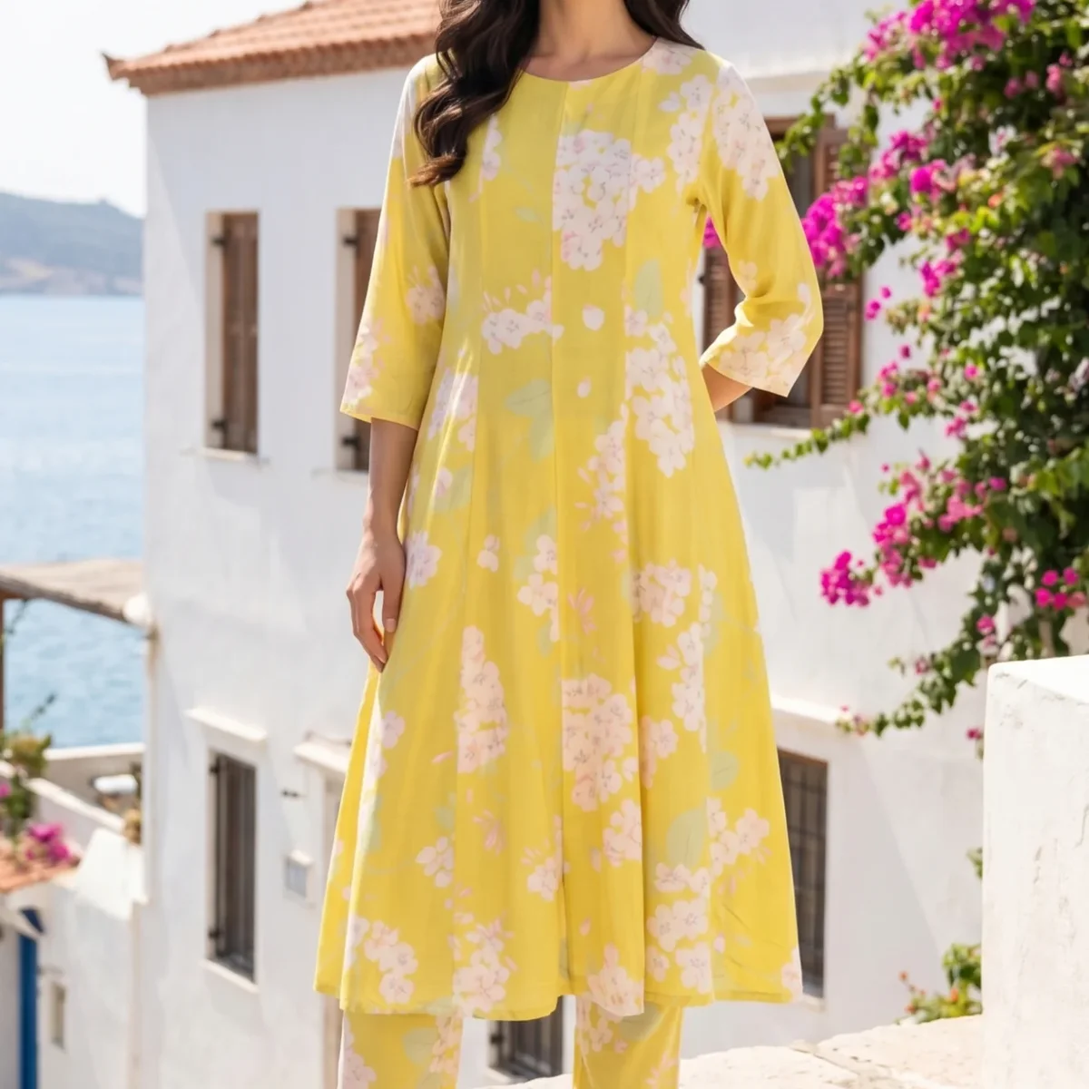 Yellow Floral Printed Flared Kurta with Pants Co-ord Set