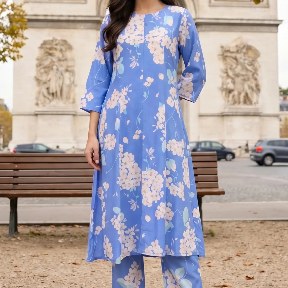 Blue Floral Printed Flared Kurta and Pants Co-ord Set