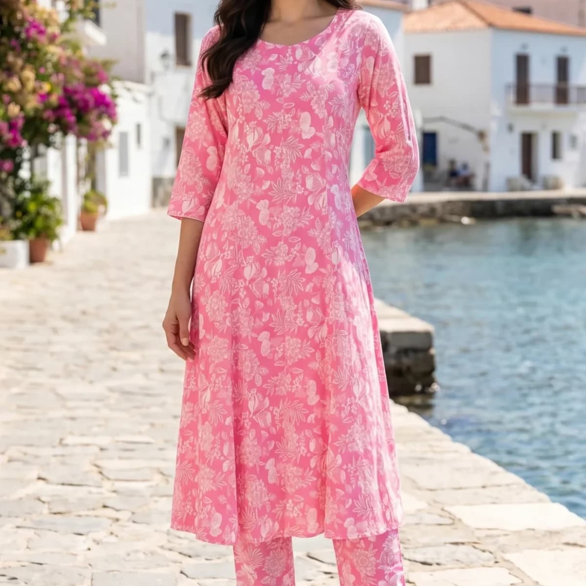 Pink Floral Printed Flared Kurta and Pants Co-ord Set