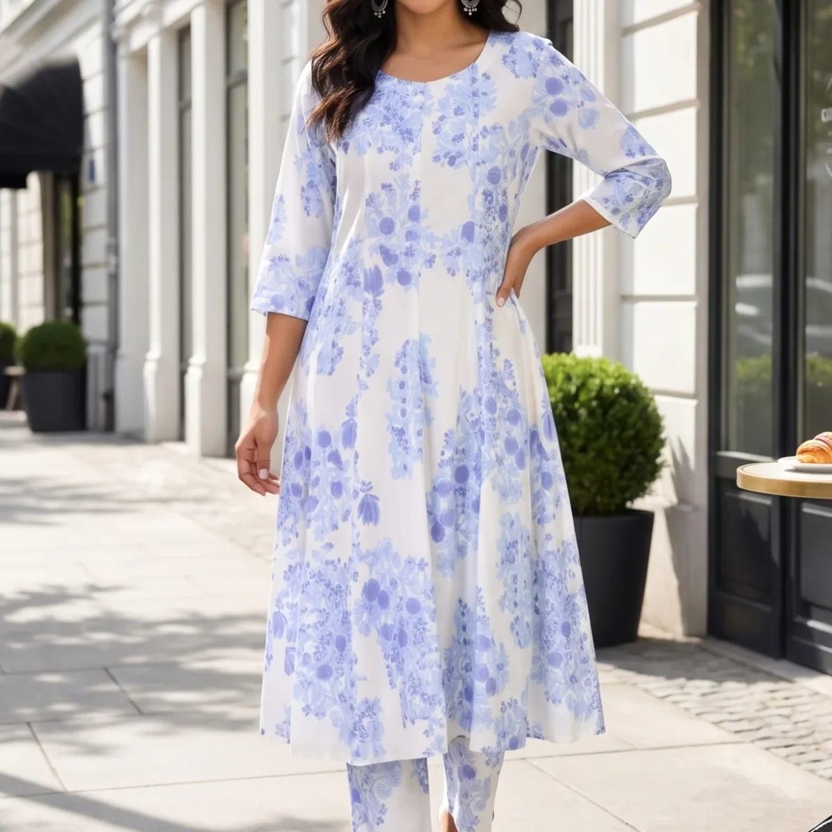 White Floral Printed Flared Kurta and Pants Co-ord Set