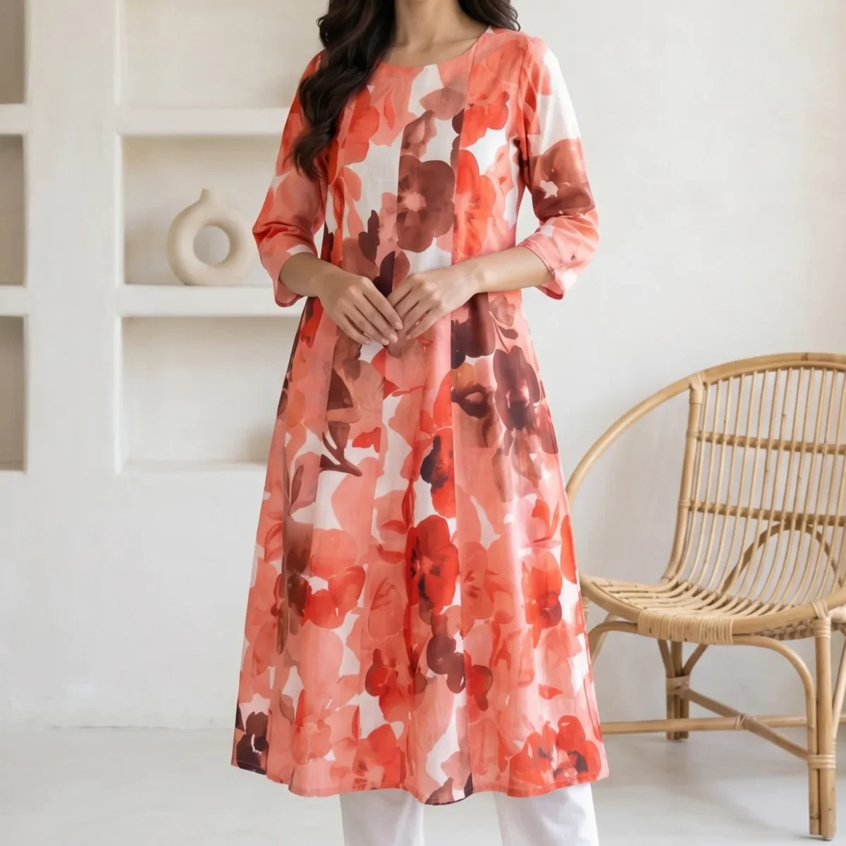 White and Red Floral Printed Pure Cotton Flared Kurta with Pants Set