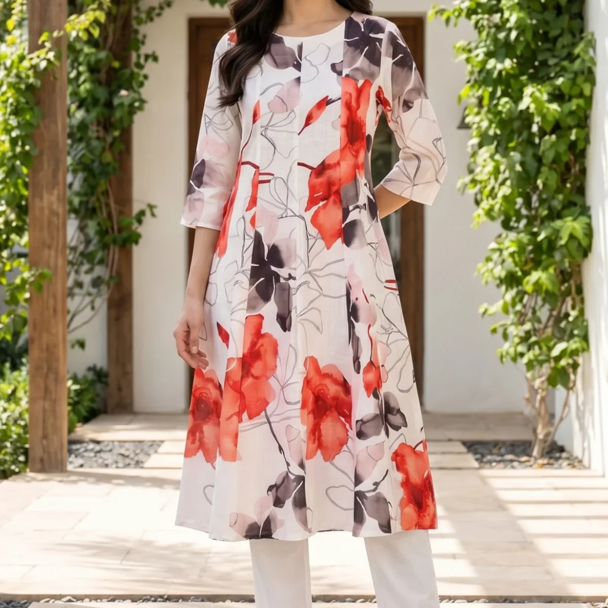 Off White Floral Printed Pure Cotton Flared Kurta with Pants Set